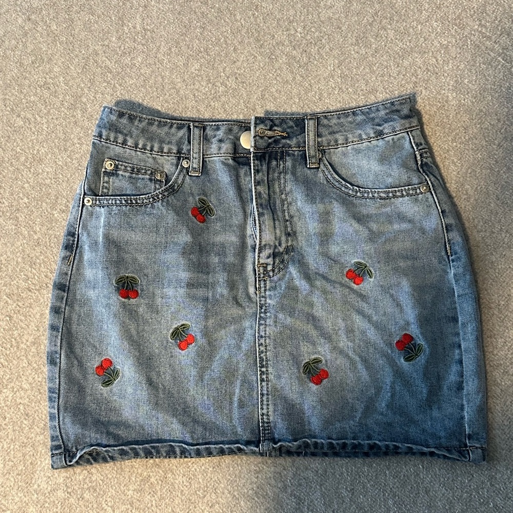 Forever 21 Light Blue Denim Mini Skirt with Red Cherry Embroidery